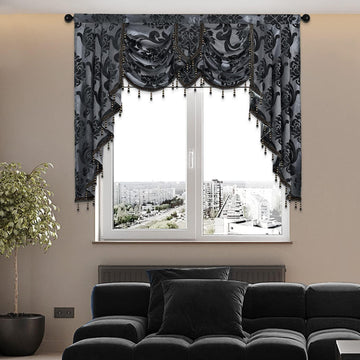 Halloween Black Waterfall Valance for Windows Luxury Gothic Valance Curtains, Bay Window, Jacquard Damask Window