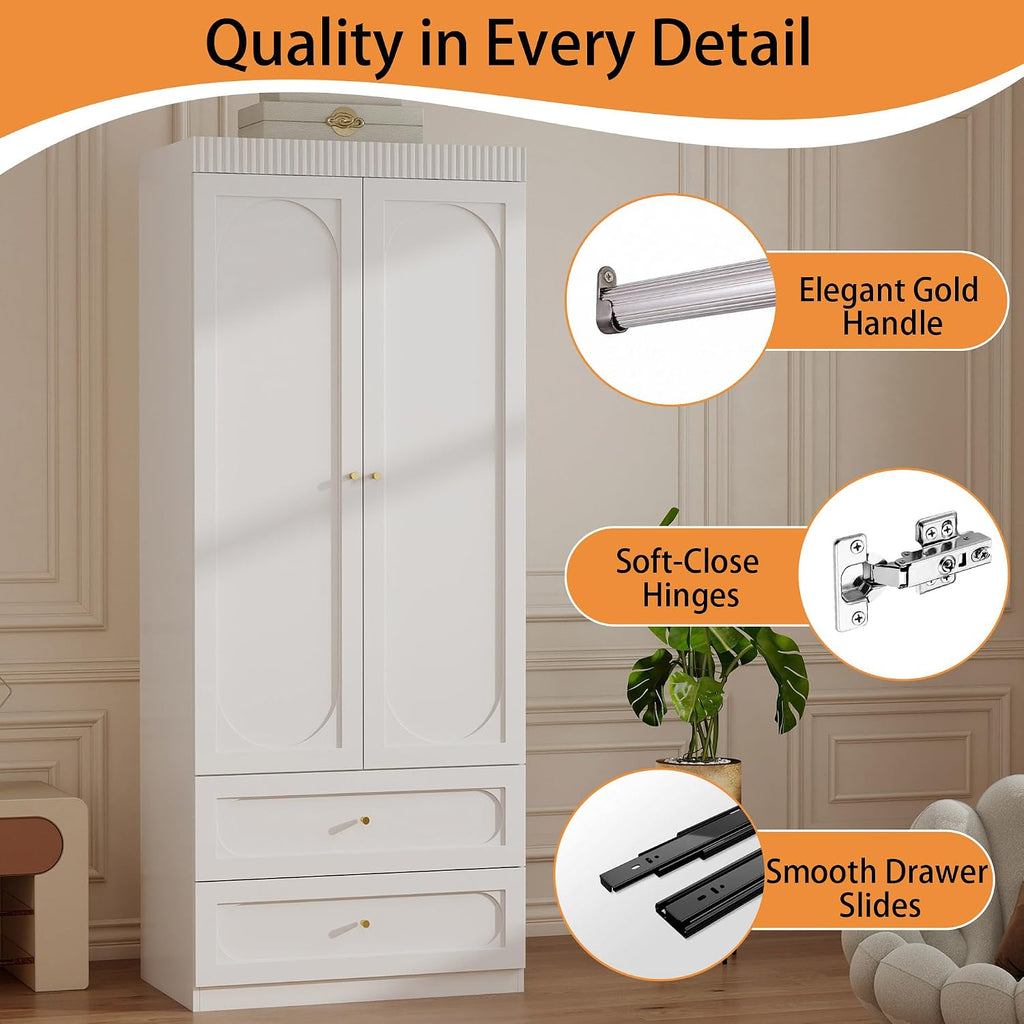 Wooden Wardrobe Closet with Doors: 75" Tall White Armoire Wardrobe Closet with 2 Drawers and 2 Doors, Modern Clothes