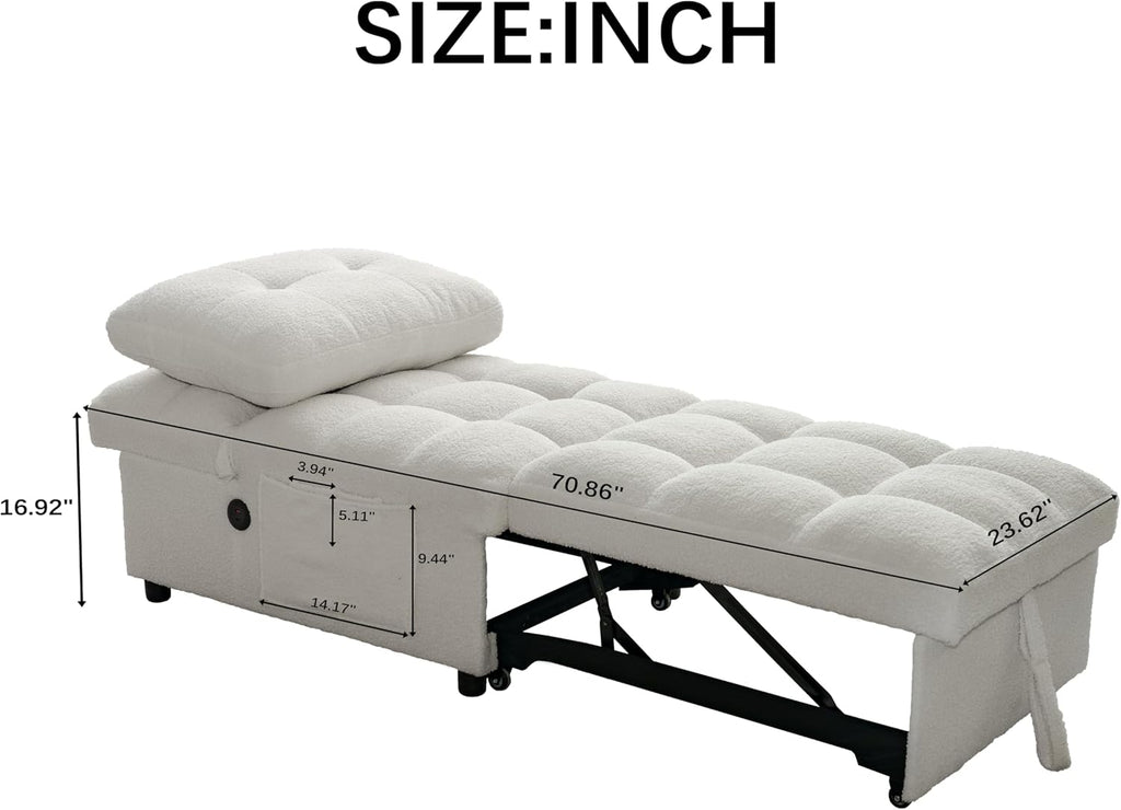 Convertible Sleeper Chair Bed with USB Charging Port, Adjustable Teddy Fabric Sofa Chair Bed with Side Storage