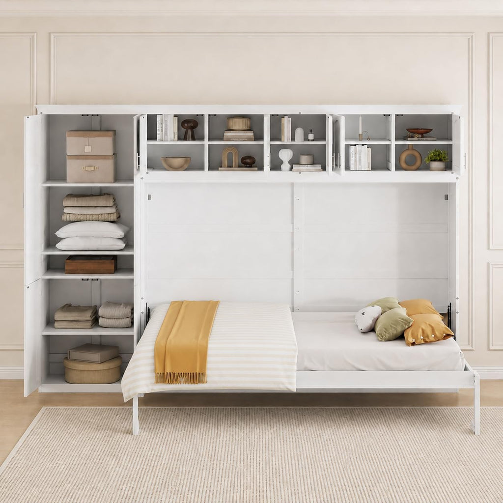 Queen Murphy Bed Wall Bed with Cabinets,White