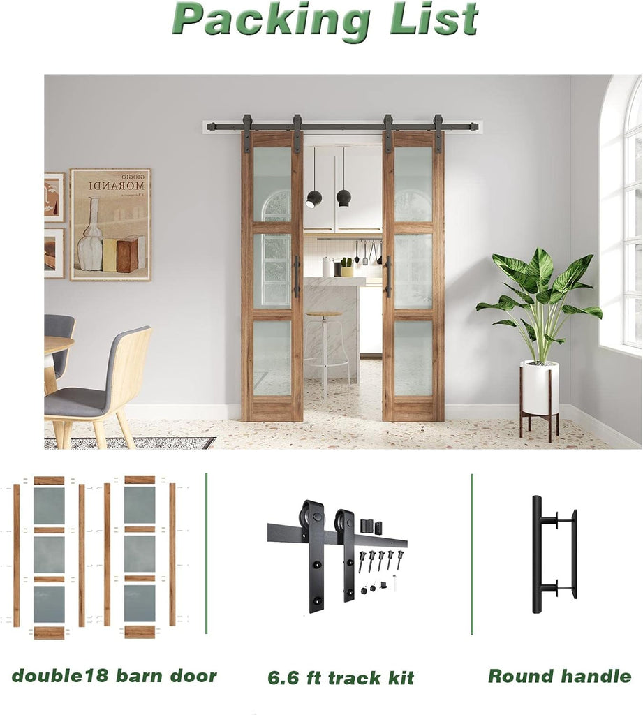 Double 18 x 84 inch Glass Barn Doors 36inch Barn Door with 6.6FT Hardware Kit & Handle Included,3-Pa
