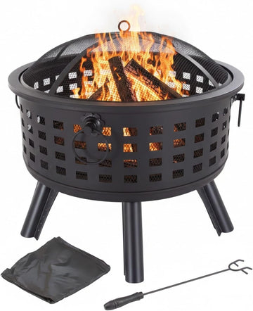 Outdoor Fire Pit - 26-Inch Round Lattice Wood Burning Firepit with Screen, Poker, Grate and Cover