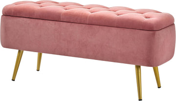 43in Ottoman Bench Velvet Storage End of Bed, Pink | Button-Tufted Ottoman Bench with Tapered Gold Metal Legs, 1.9C
