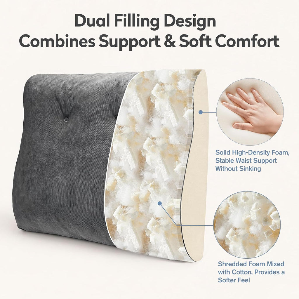 Couch Back Cushion, Shredded Foam Lumbar Support Pillow with Side Pocket