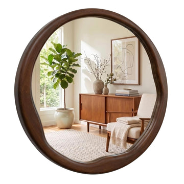 30 Inch Dark Walnut Round Wood Bathroom Mirror, Wavy Inner Edge