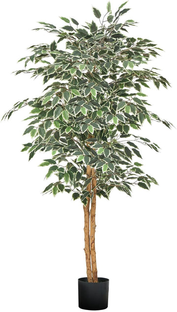 5FT Artificial Ficus Tree with Black Pot, Tall Faux Ficus Plant with Natural Wood Trunk and Realistic Green Leaves