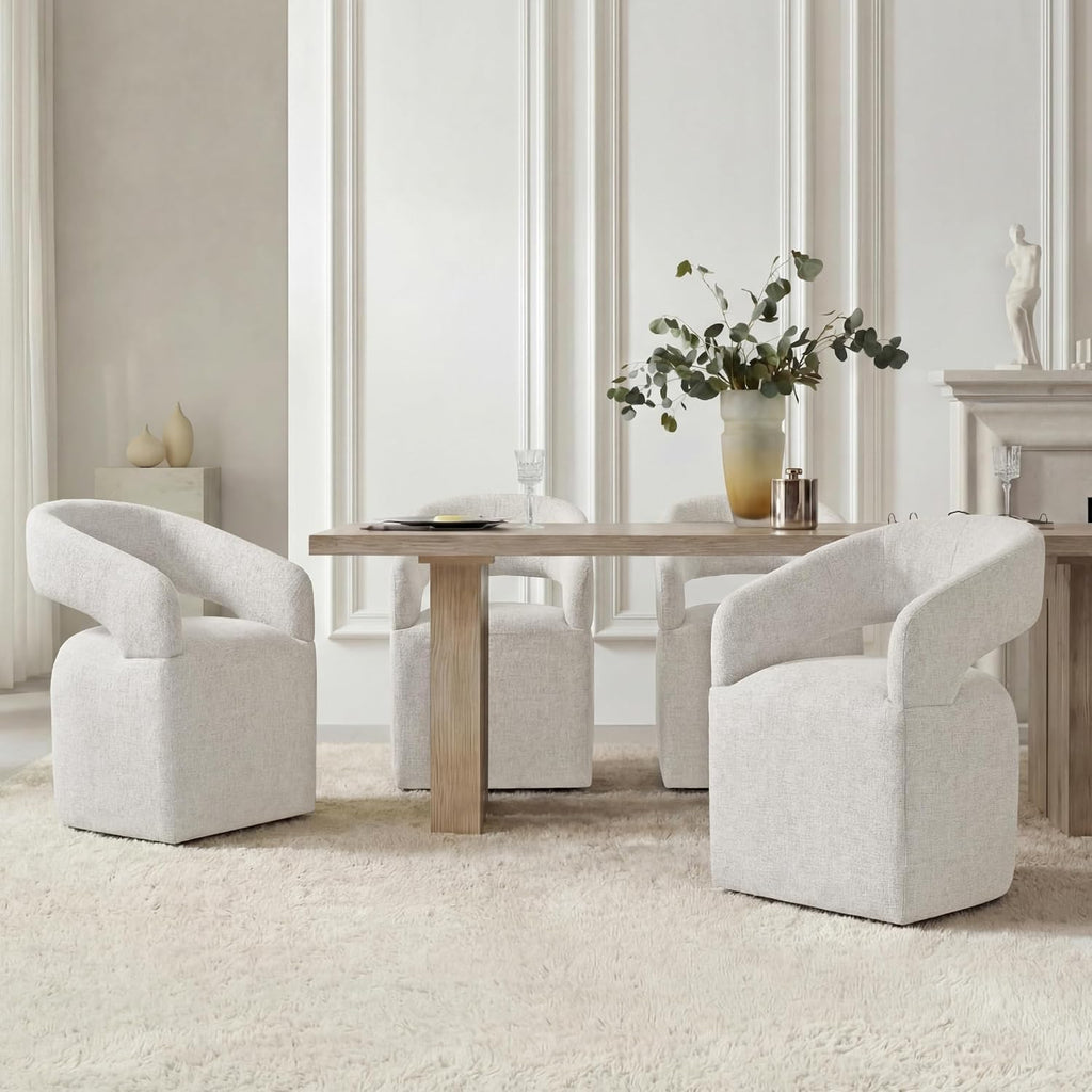 Upholstered Dining Chairs Set of 4, Modern Arm Kitchen & Dining Room Chairs with Hidden Casters, Linen Fabric Padded