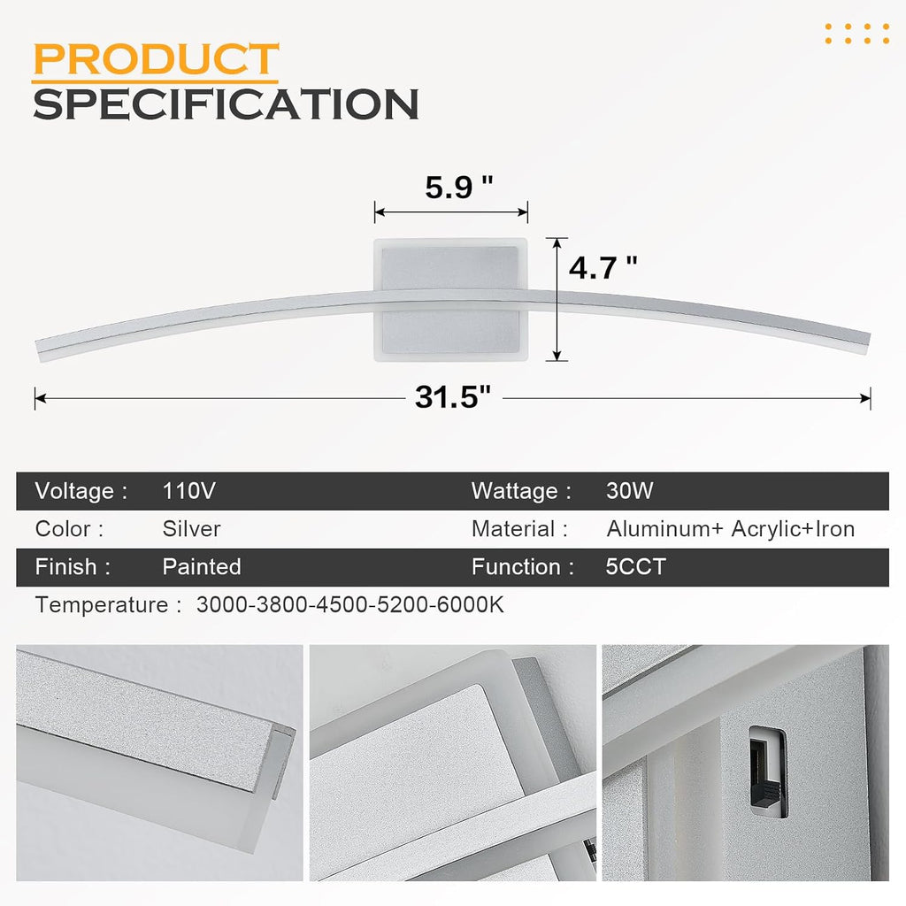 Modern LED Wall Sconce Silver LED Bathroom Light Fixtures Over Mirror Wall Lighting , Dimmable Long Vanity Light