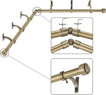Antique Bronze Corner Window Curtain Rods with Aluminum End Cap Finials and Brackets, 1 Inch Diameter Bay Window