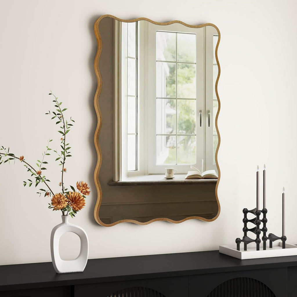 Wall Mirror Decorative, Antique Mirror Gold Wavy Mirrors 20x30” Irregular Mirrors Asymmetrical Ripple Wall Mirrors