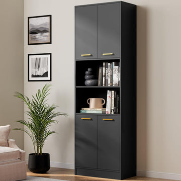 Kitchen Pantry Cabinet, 75" Tall Wood Storage Cabinet with Doors and Shelves, 4 Doors Open Countertop Utility Hutch