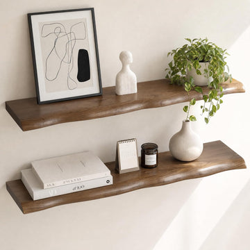 Live Edge Floating Shelves for Wall, Long Walnut Wood Wall Shelf | 32 Inch Walnut Finish Shelves, Set of 2, with Mid