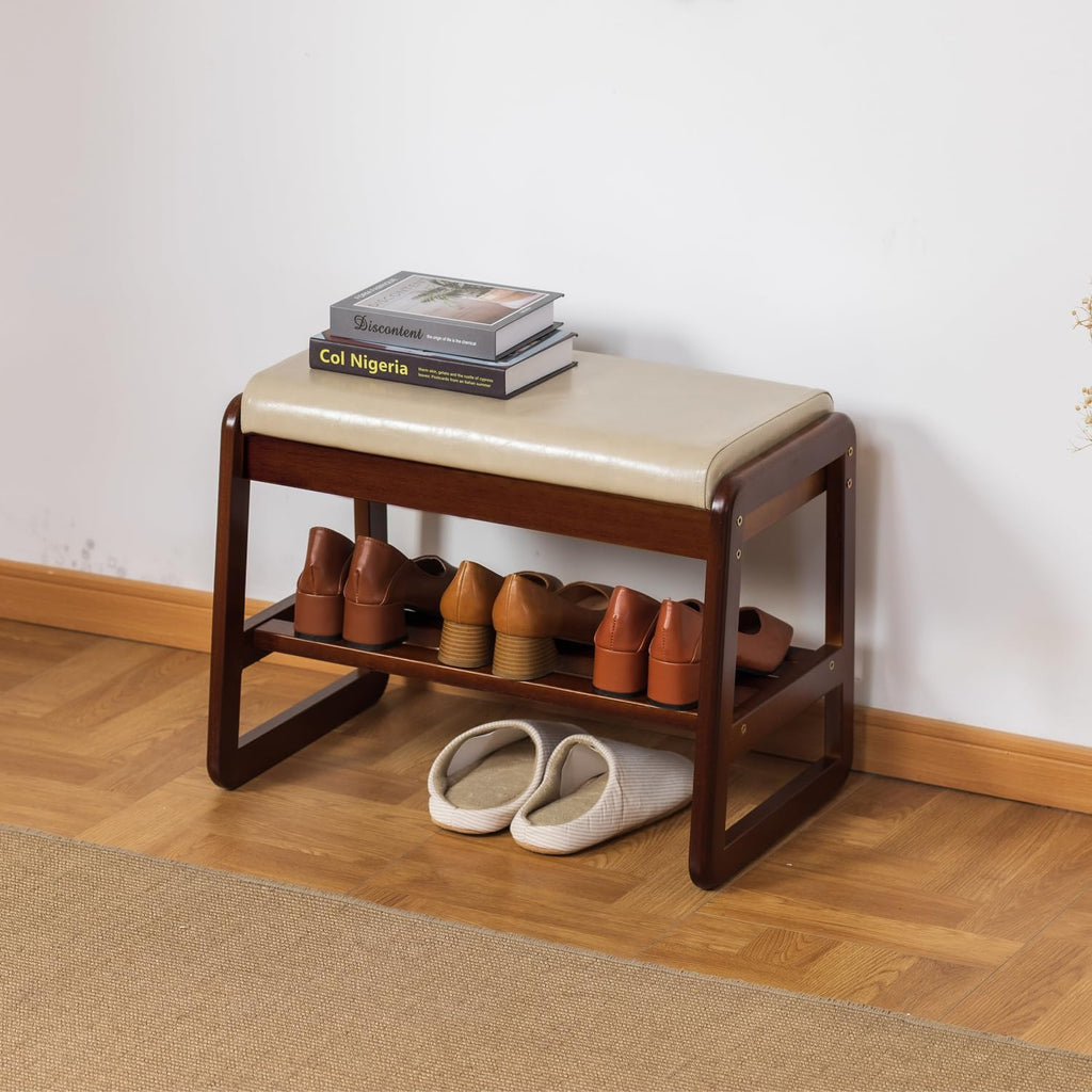 Shoe Bench with Storage - 2-Tier Entryway Bench, Solid Wood Shoe Rack with Cushion & Flip-Open Box, Mid-Century