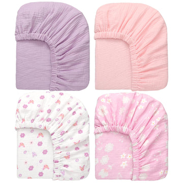 4 Pack Muslin Baby Crib Sheets Soft Breathable, Purple Butterfly