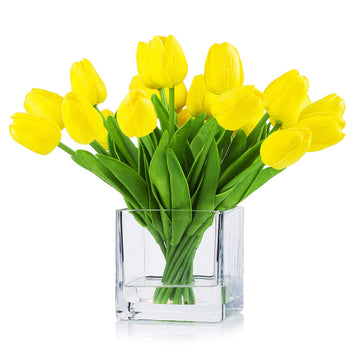 20 Pieces Artificial Real Touch Tulips Flower Arrangement in Cube Glass Vase with Faux Water Decoration (Yellow)