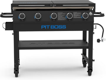 5-Burner Propane Gas Griddle with Folding Side Shelves, Black Outdoor Flat Top BBQ Grill