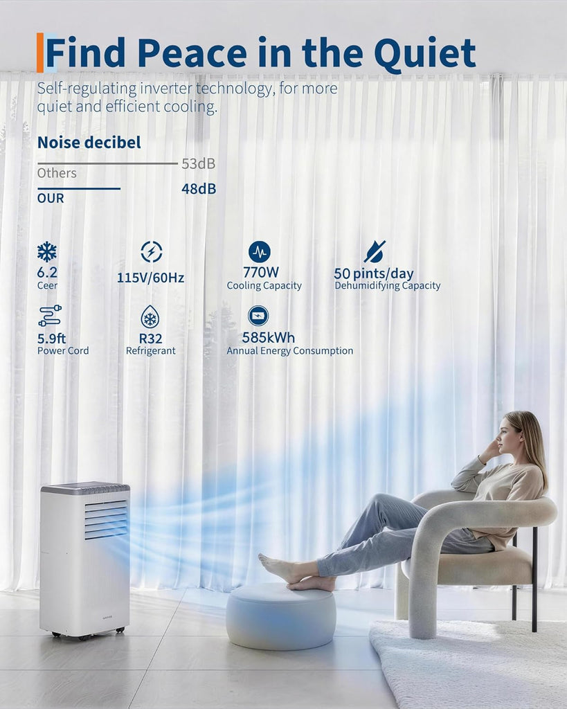 8000BTUs Portable Air Conditioner with Remote Control,350 Sq.Ft Max. 48dB Portable AC Unit, Dehumidifier, Fan, Sleep