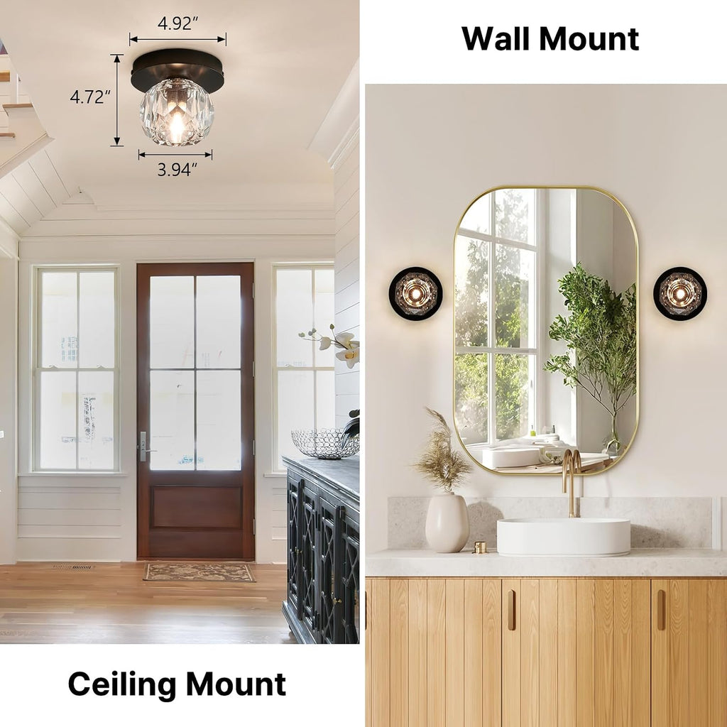 Small Crystal Ceiling Light Fixture,Black Flush Mount Hallway Ceiling light | Modern Matte Black Globe Wall Sconce,K9