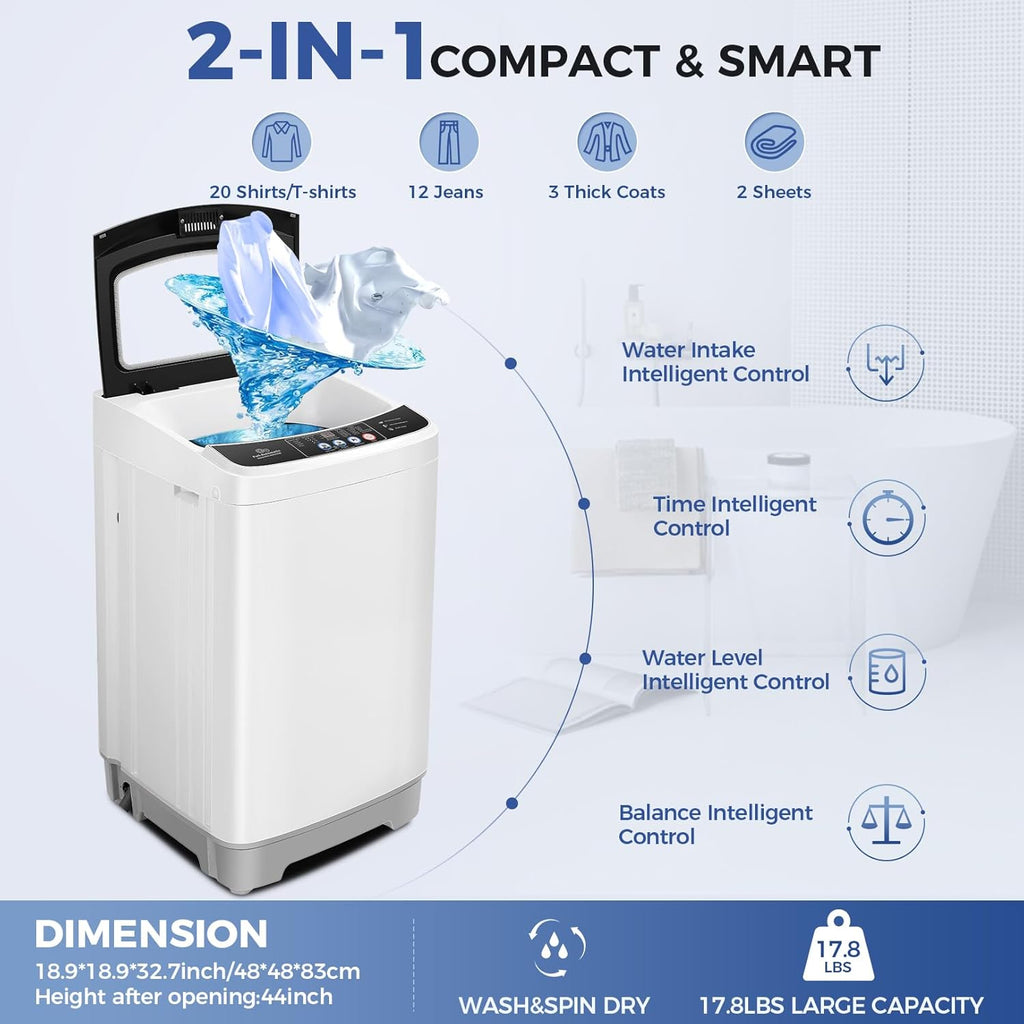 Portable Washing Machine, 17.8Lbs Capacity Full-Automatic Portable Washer, 2.4Cu.ft Washer and Dryer Combo with Drain