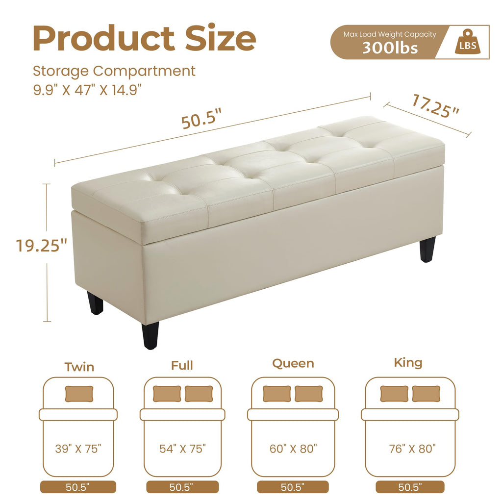 50.5 Inch Storage Ottoman Bench, Faux Leather Tufted Upholstered Bedroom Bench with Safety Hinges, Supports 300 lbs