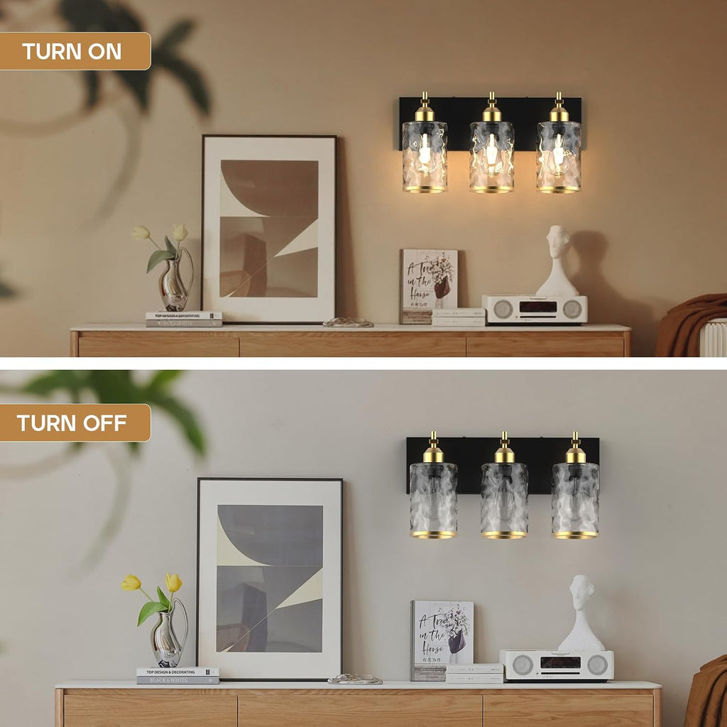 3-Light Bathroom Vanity Light Fixtures, Modern Bathroom Lighting Fixtures Over Mirror with Golden Wave Glass