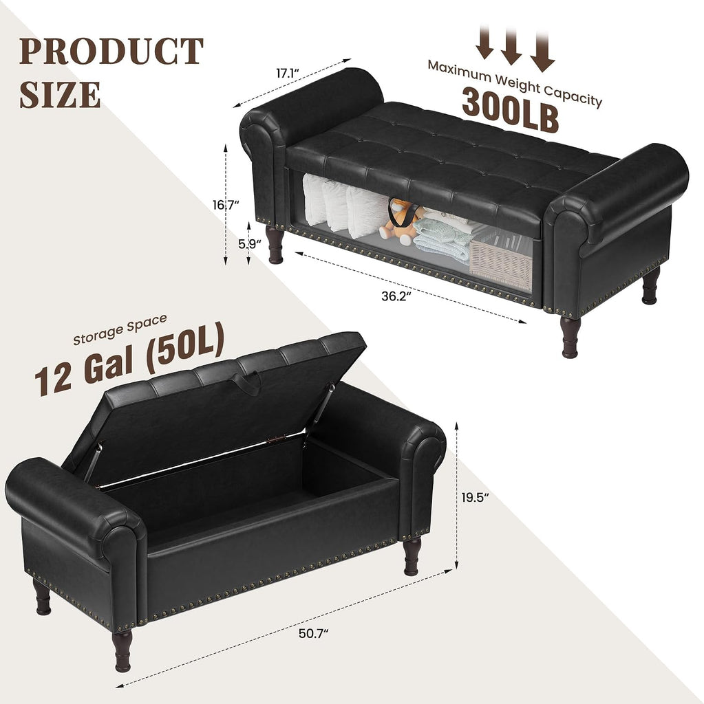 51" Ottoman with Storage, Upholstered Storage Ottoman Bench with Rolled Arms, PU Leather Storage Bench , Black