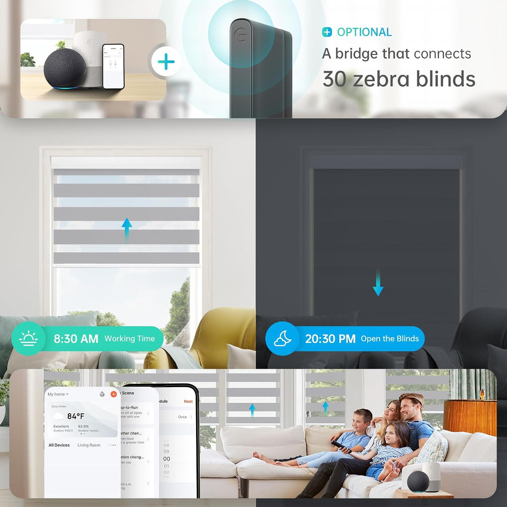 Motorized Zebra Blinds, Solar Powered Dual Layer Automatic Shades with Remote Control, Rechargeable Smart Blinds