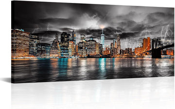 New York City Canvas Wall Art Manhattan Skyline Lightning Storm Cityscape Picture Prints Night Landscape Modern Large