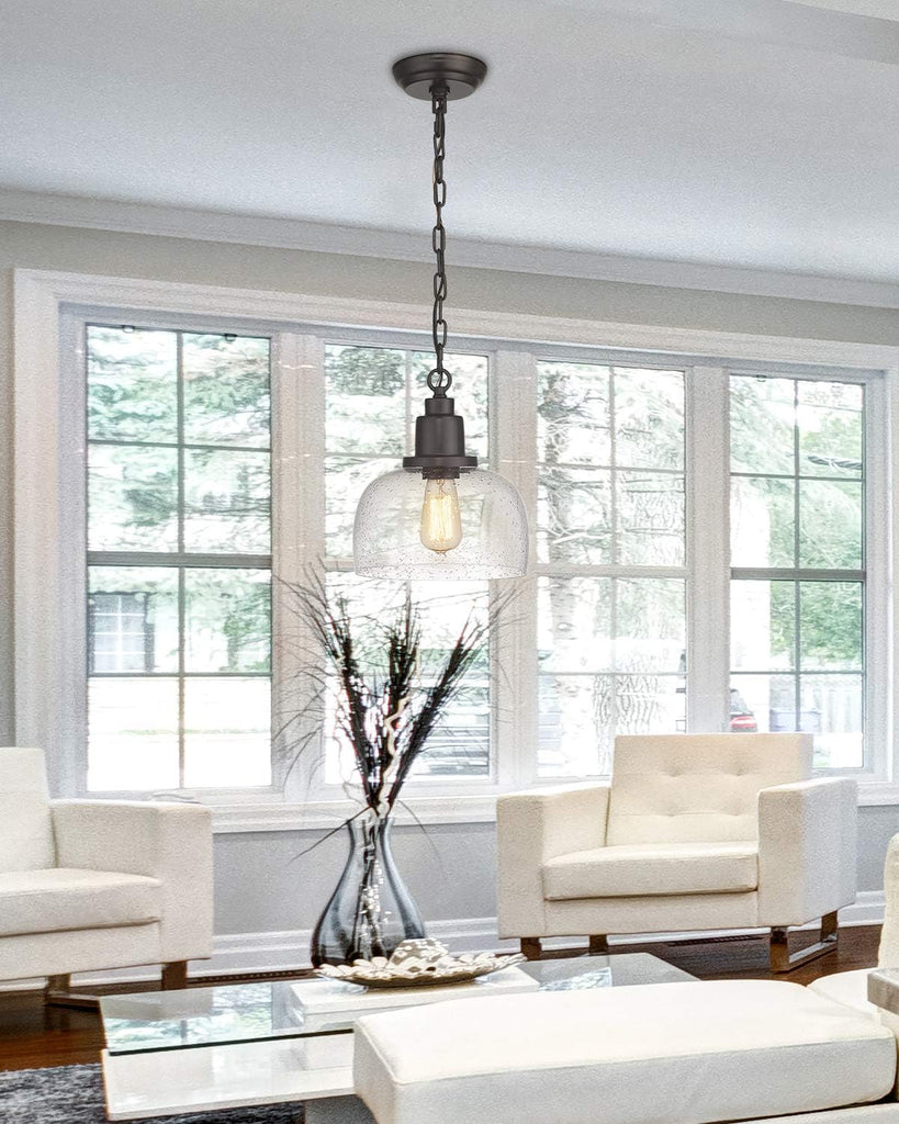 1-Pack Farmhouse Pendant Light, 1-Light Industrial Hanging Light Fixture with 9.3" Round Seeded Glass Shade, Dark
