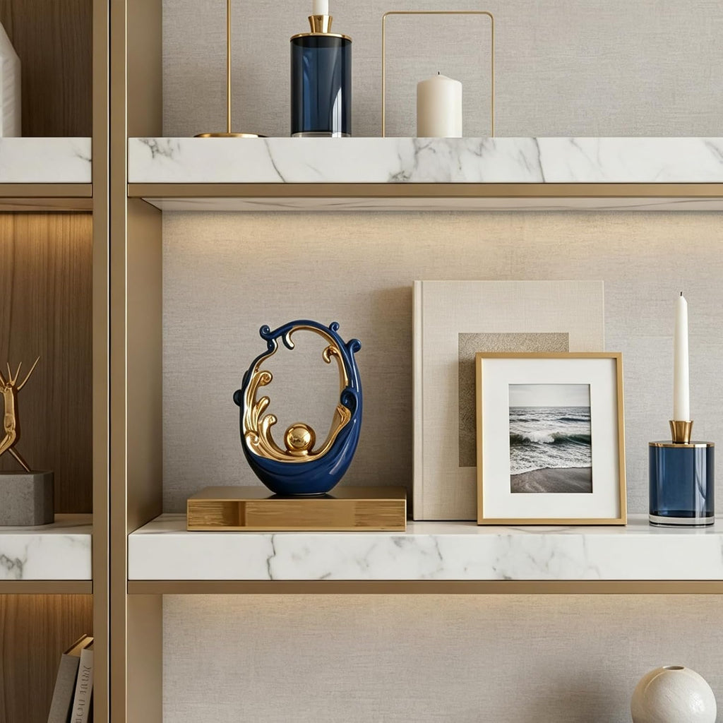 Navy Blue Gold Aesthetic Room Decor Accent, TV Stand Funky Table Centerpiece, Abstract Art Ceramic Statue and