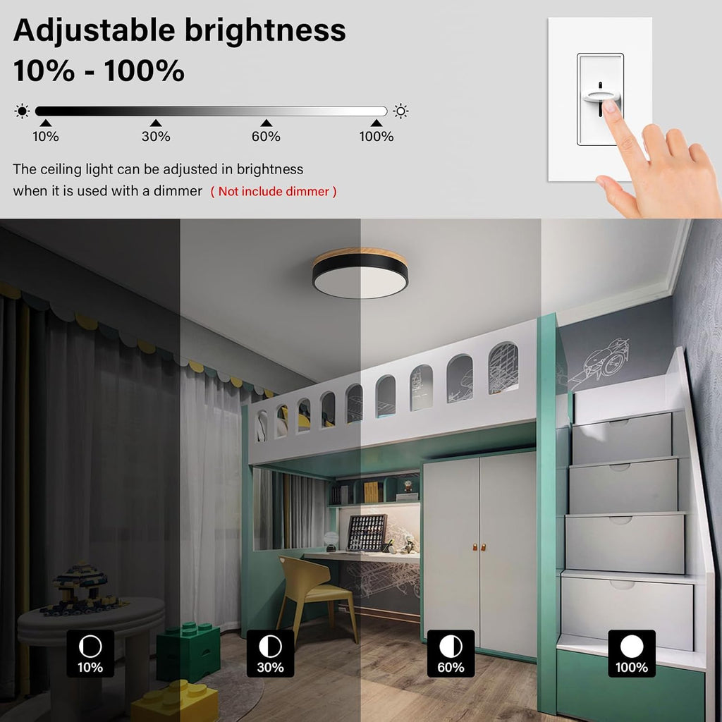Dimmable Wood Flush Mount Ceiling Light Modern Black LED Ceiling Light Fixture 2700K-6000K Minimalist Round Close to
