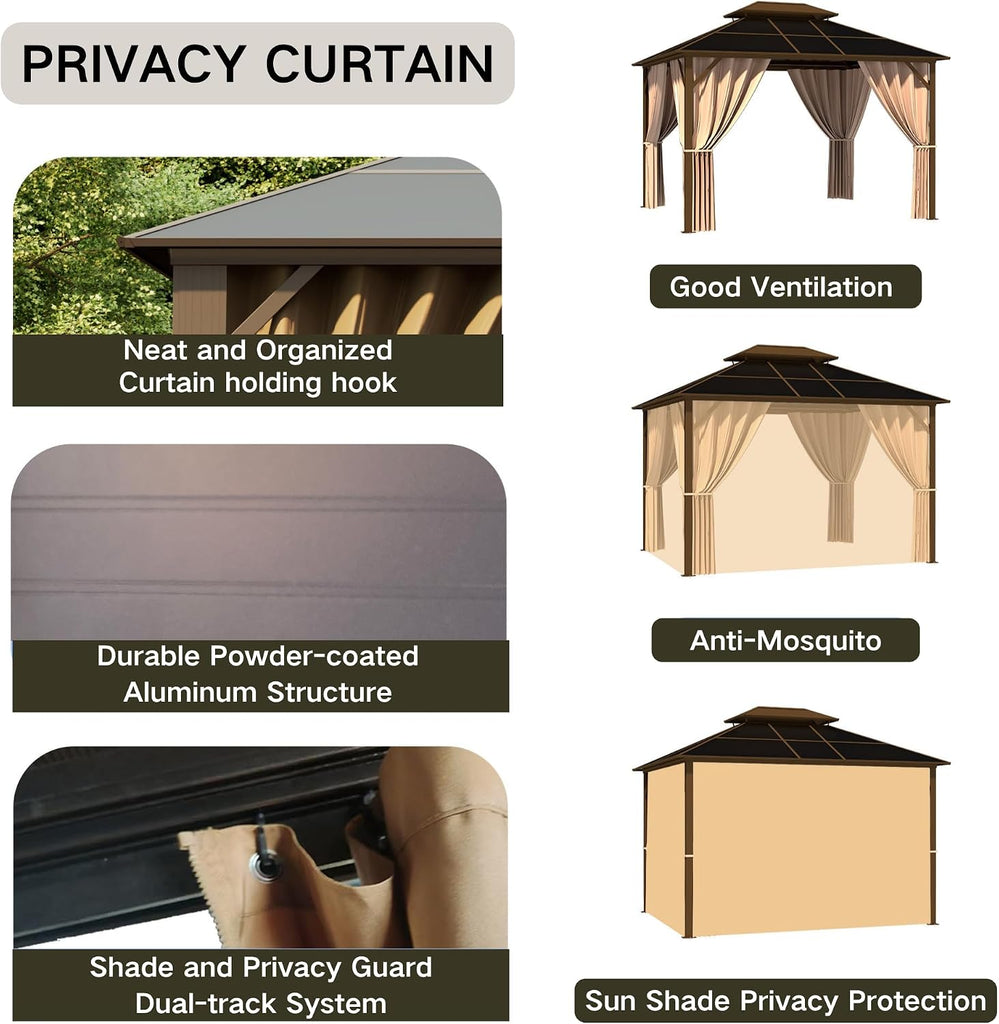 Hardtop Gazebo 10'x12' with Double Polycarbonate Roof Canopy