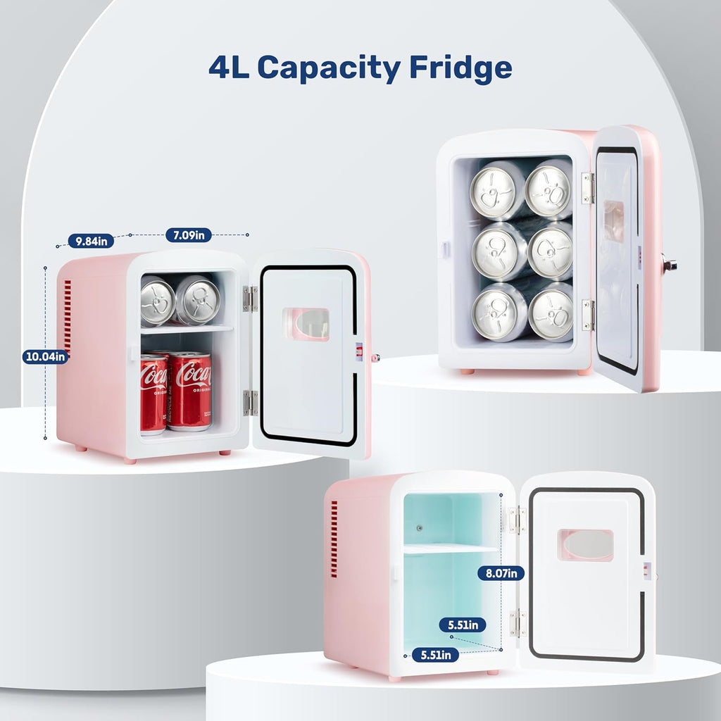 Mini Fridge with Observation Window 4-Liter Six 12 oz Cans Portable Warmer & Cooler Compact Refrigerator, 100% Eco