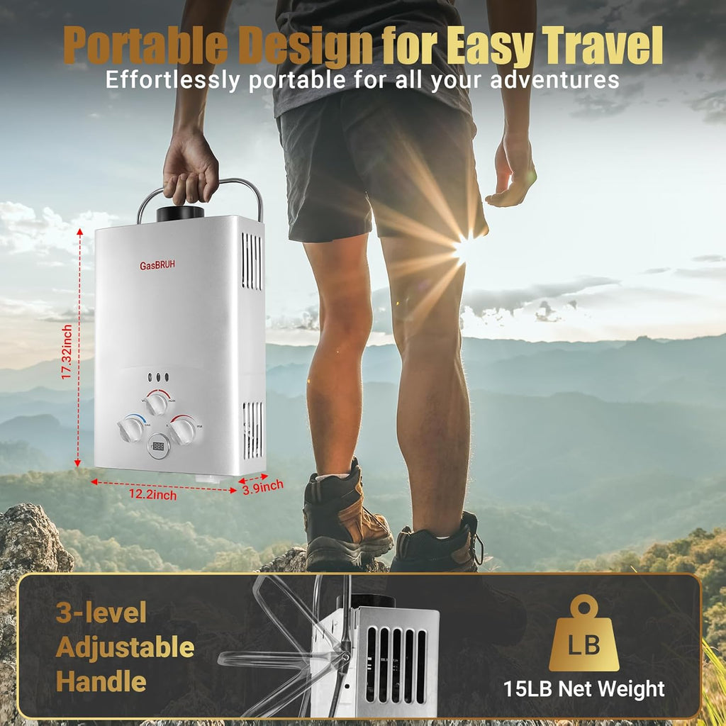 Tankless Water Heater Outdoor, 1.58 GPM, 6L Portable Propane Camping Water Heater with Overheating Protection for