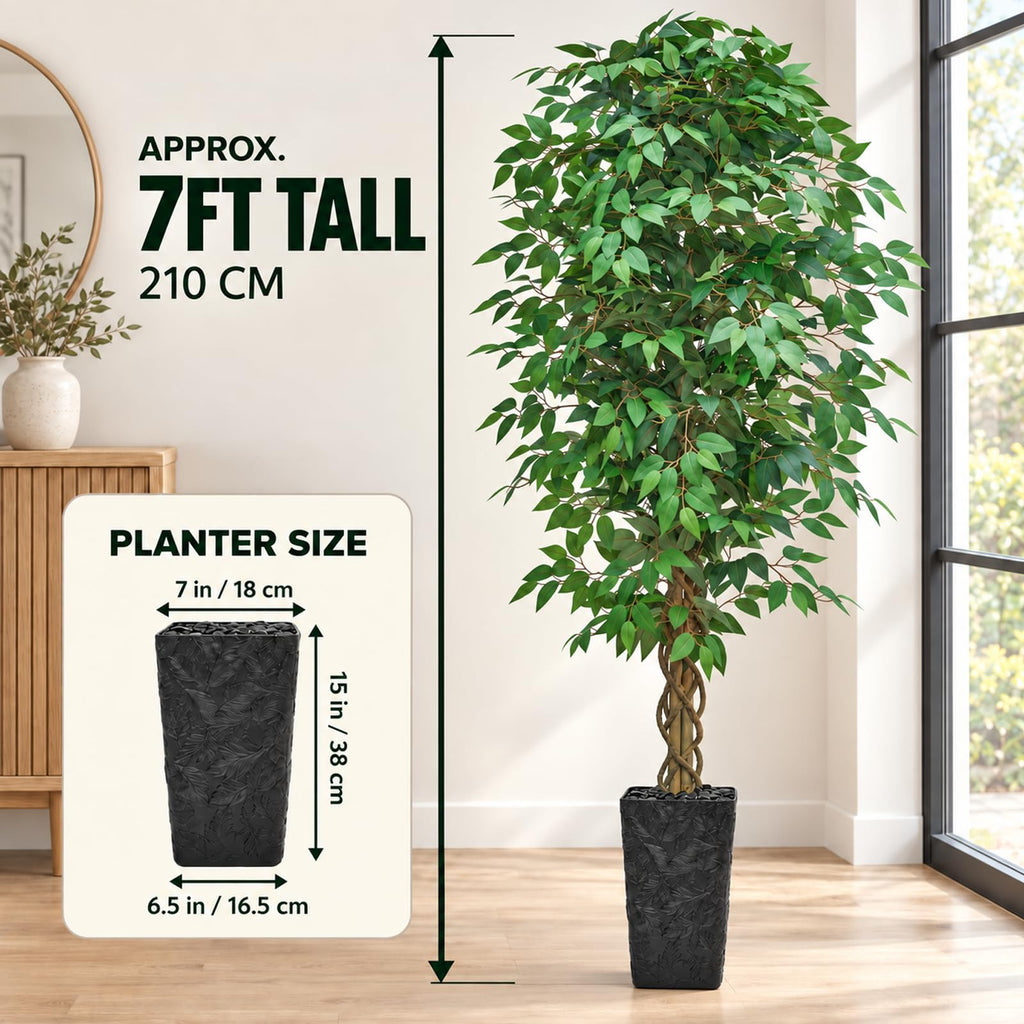 Artificial Ficus Tree 7FT, Large Fake Tree Decor (Black Planter)
