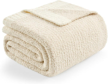 Buttery Ivory Throw Blanket, Reversible Super Soft Knitted Blankets, Warm Cozy Knit Fuzzy Plush Lightweight Throws