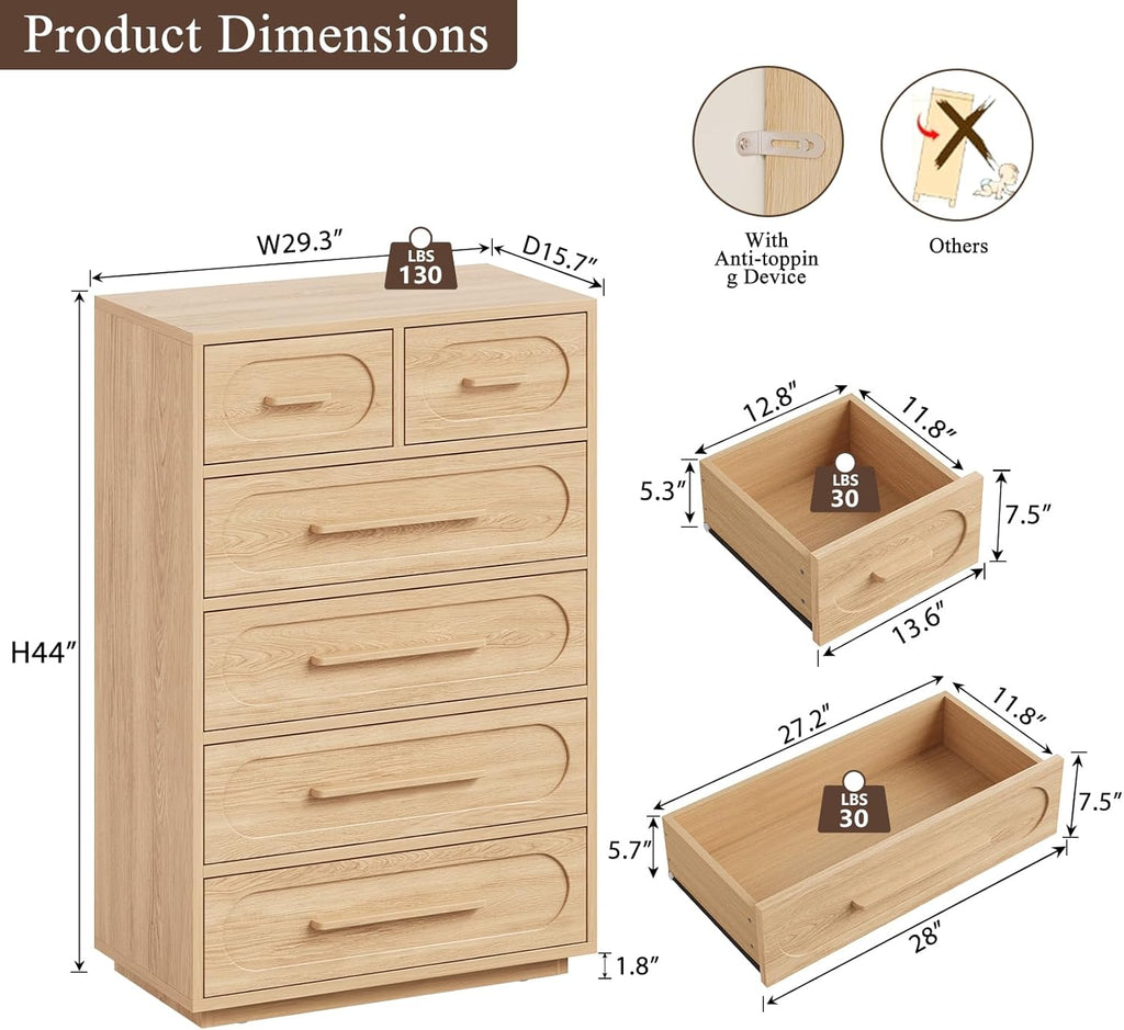 Natural 6 Drawer Dresser , 44" Tall Dressers & Chest of Drawers with Solid Wood Handles, Mid Century Modern Dresser