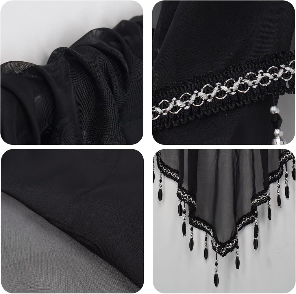 Swag Curtain 51 inch Length Rod Pocket Scalloped Curtain Valance Sheer Lace Panels with Hanging Crystal Beads for Kitchen Bedroom Window Treatments Drape Decor 1pc (Black, 51Wx23L)