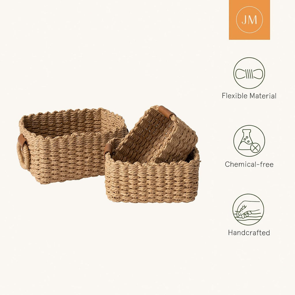 Small Wicker Baskets for Organizing, Desert 3 Pack | Decorative Organizer with Vegan Leather Tag, Round Handle