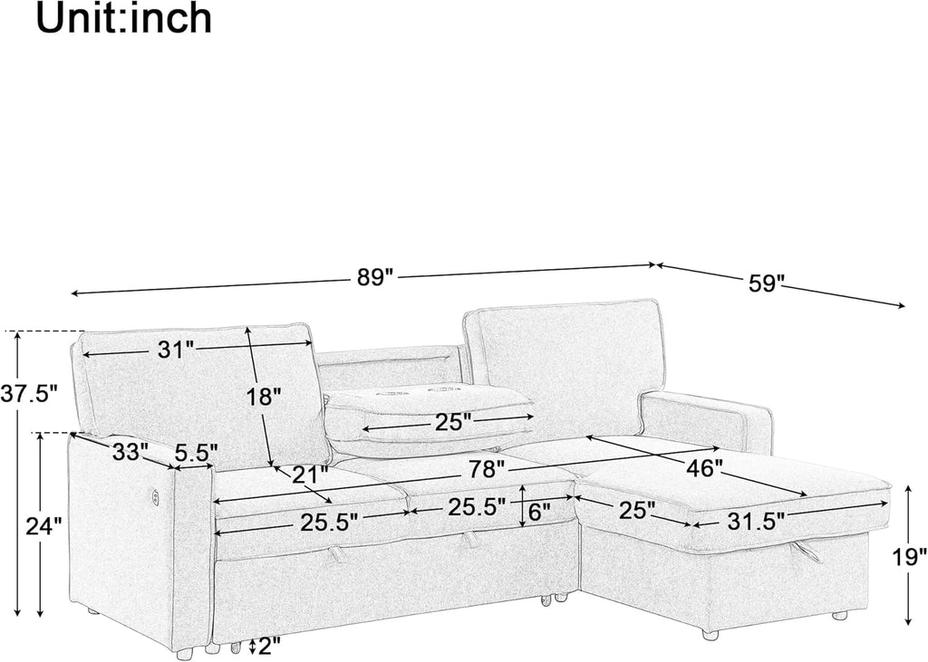 89" Convertible L-Shaped Sleeper Sofa Bed with Storage Chaise, Gray