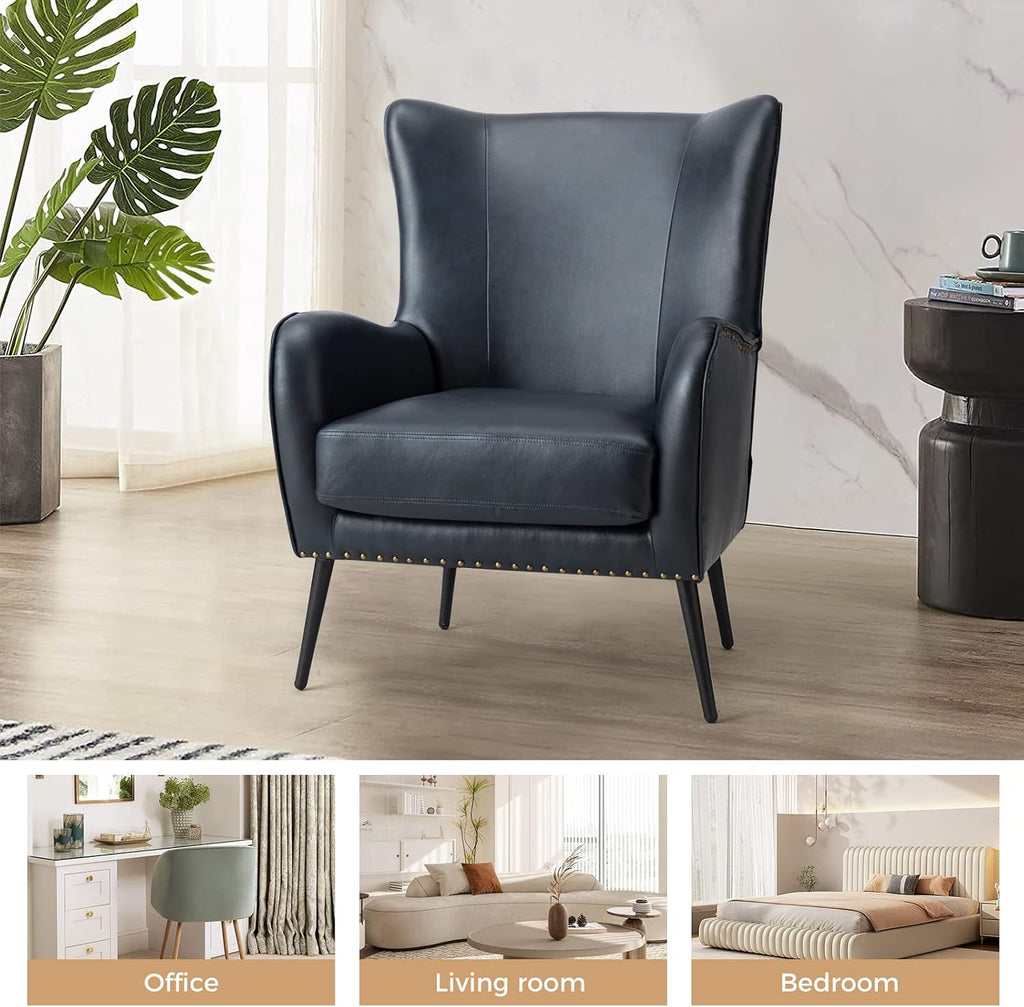 Faux Leather Accent Chair, Navy | Wingback design with removable cushion, nailhead trim, and metal legs , reading