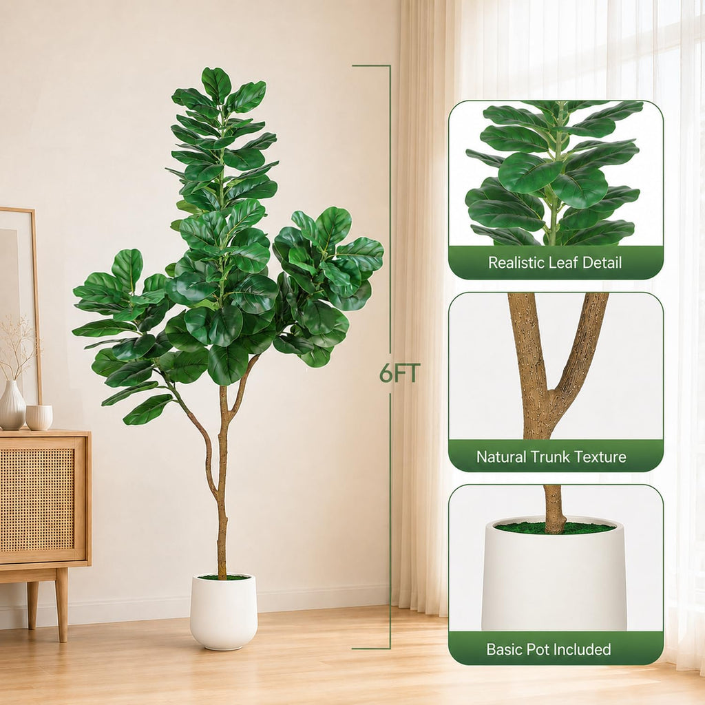 Artificial Fiddle Leaf Fig Tree, 6ft Realistic Fake Plants Faux Trees with White Planter, Artificial Plants Indoor