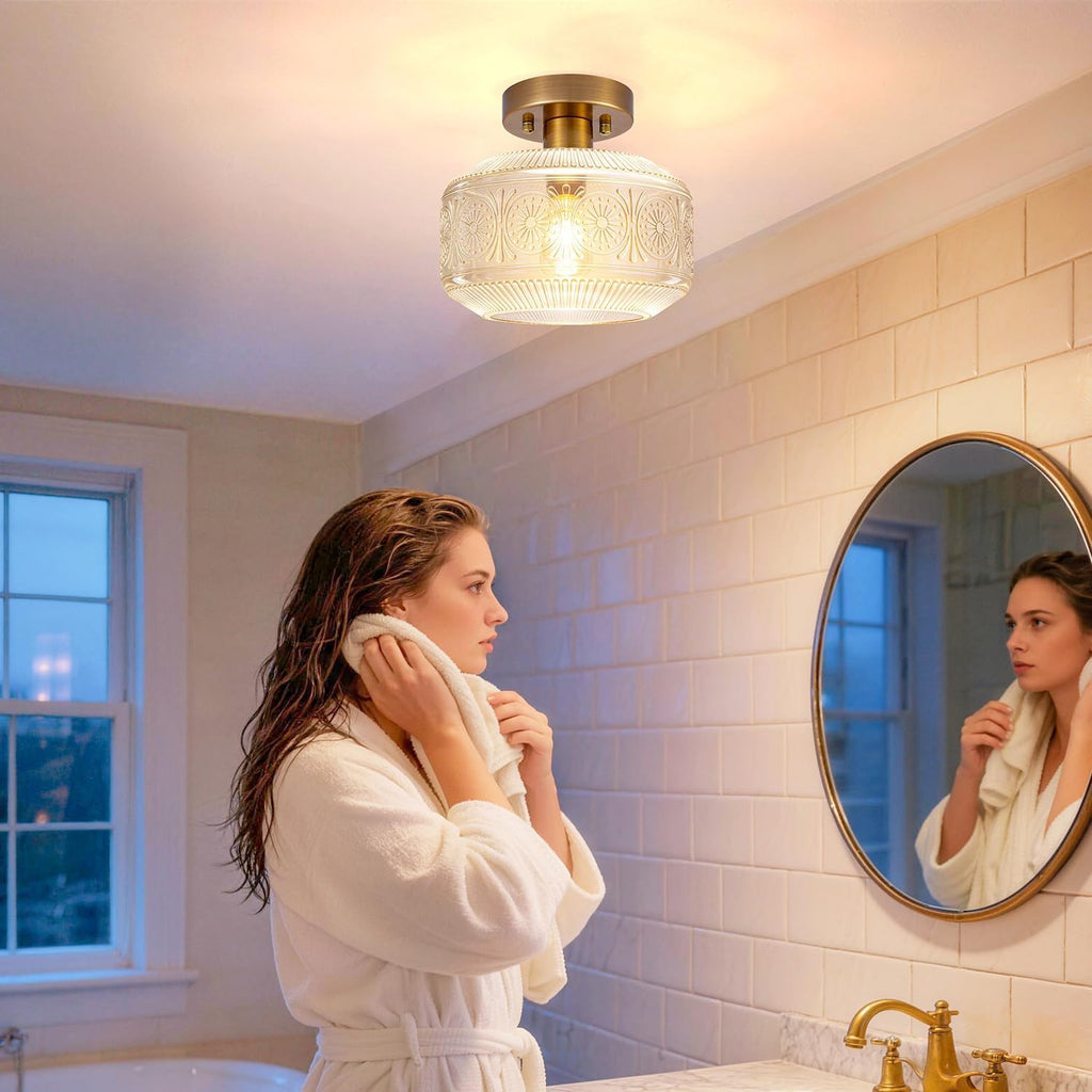 Semi Flush Mount Ceiling Light, Brass Thick Glass Fixture | Thick Glass Shade Creates Soft Warm Glow, Semi Flush