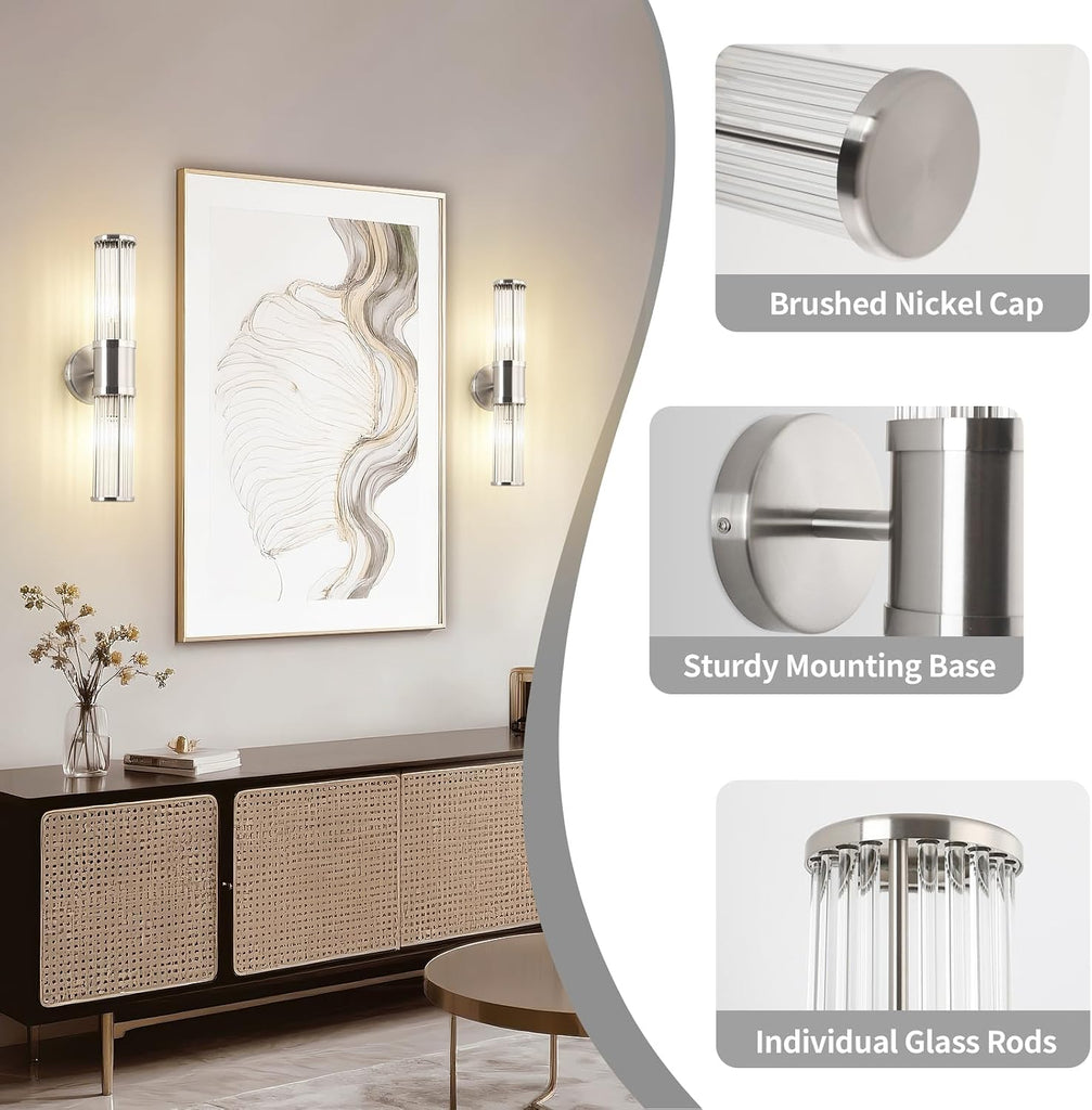 Brushed Nickel Wall Sconce with Glass Rods - Modern Industrial Vanity Light Fixture, E12 Candelabra Base (Bulbs Not