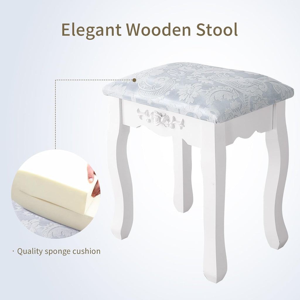 Vanity Table Set with 4 Drawer,Makeup Dressing Table w/Cushioned Stool,Girls Women Bedroom Furniture Set Oval Mirror