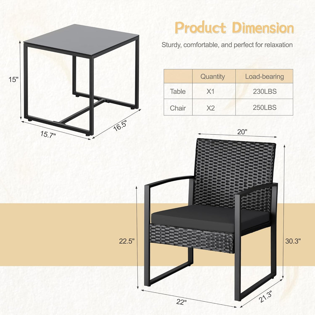 3 Piece Wicker Conversation Bistro Sets Outdoor Patio Set Modern Rattan Chair Furniture Sets with Coffee Table