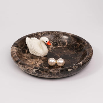 Brown Marble Jewelry Tray - Stone Trinket Ring Key Purse Holder Dish, Small Cute Round Plate Decorative Bowl for