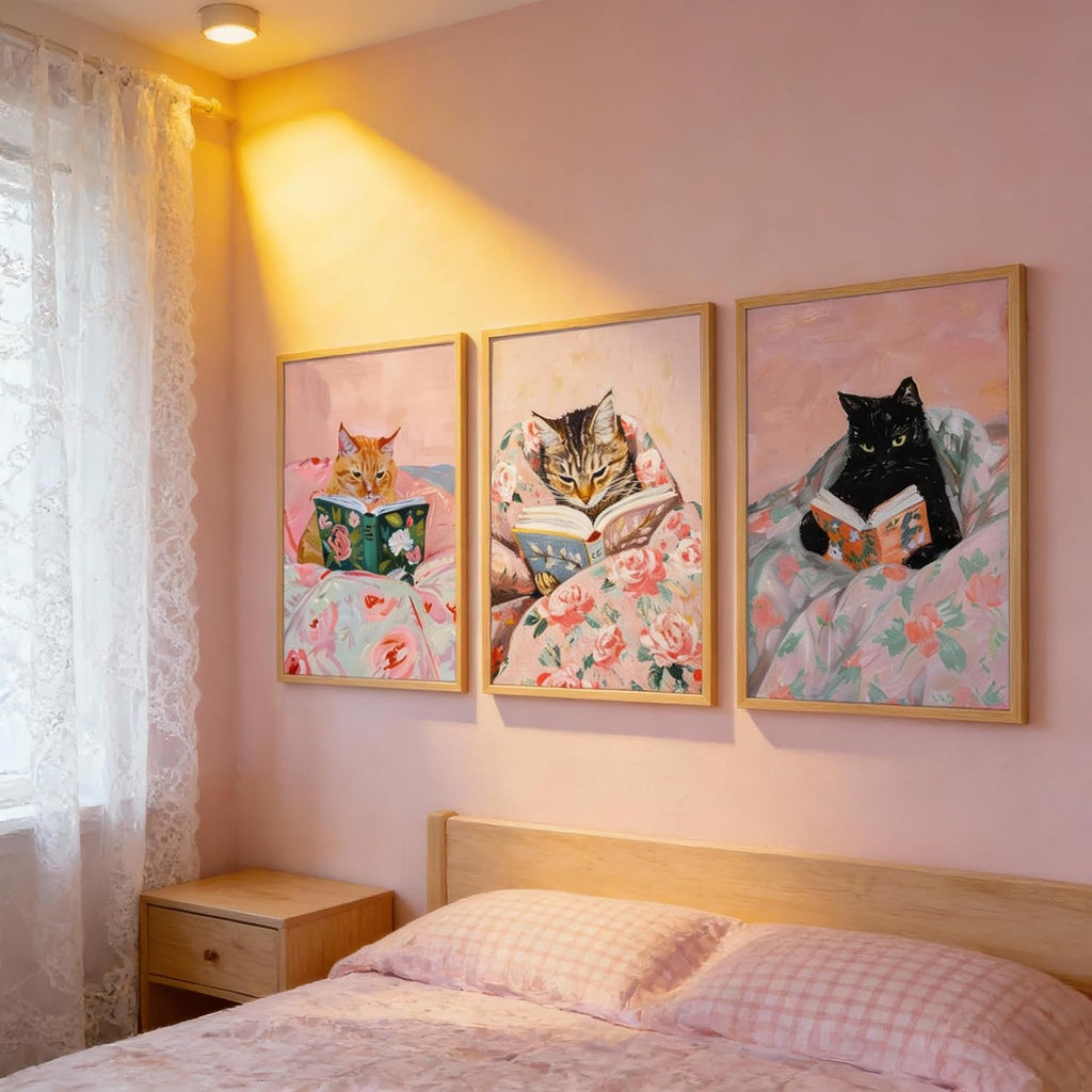 3Pcs Framed Vintage Cat Canvas Wall Art, Pink | Funny Animal Reading Books Pictures, Cute Kitten Lovers