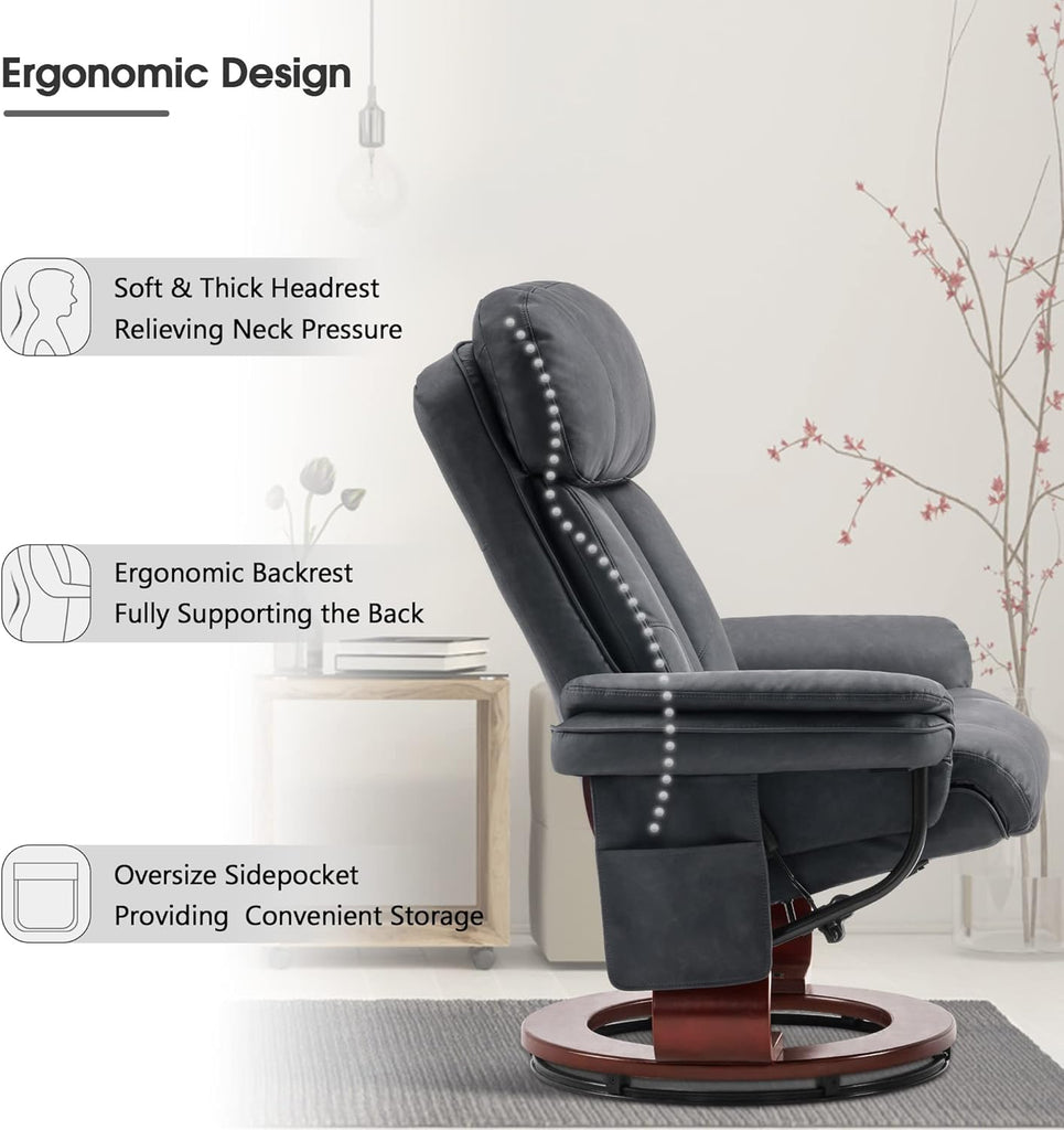 Modern Reclining Swivel Lounge Chair and Ottoman — Grey Faux Leather