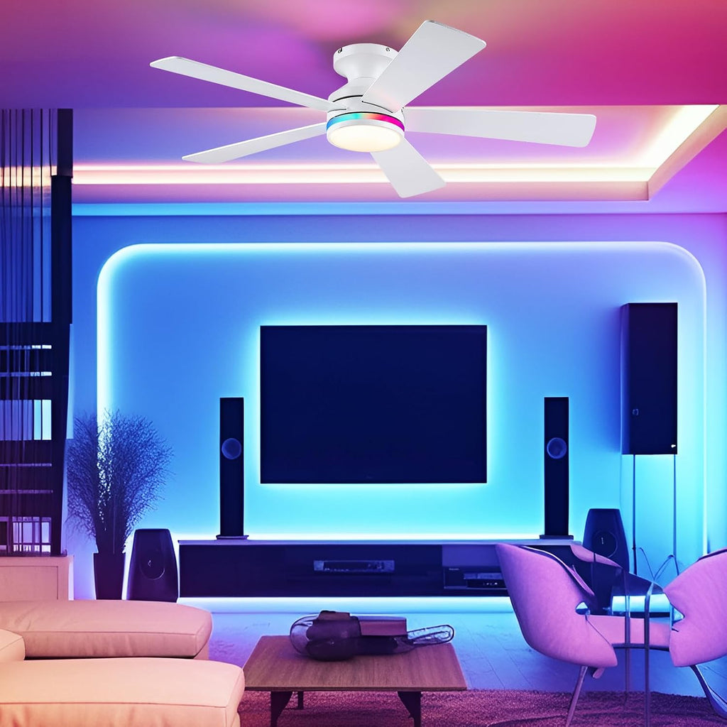 46" Flush Mount RGB Ceiling Fans with Lights - White Low Profile Ceiling Fan Light with Remote/APP, RGB+3CCT 6 Wind Speeds and Reversible, Modern Fan Light Fixture for Party, Kiad's Room